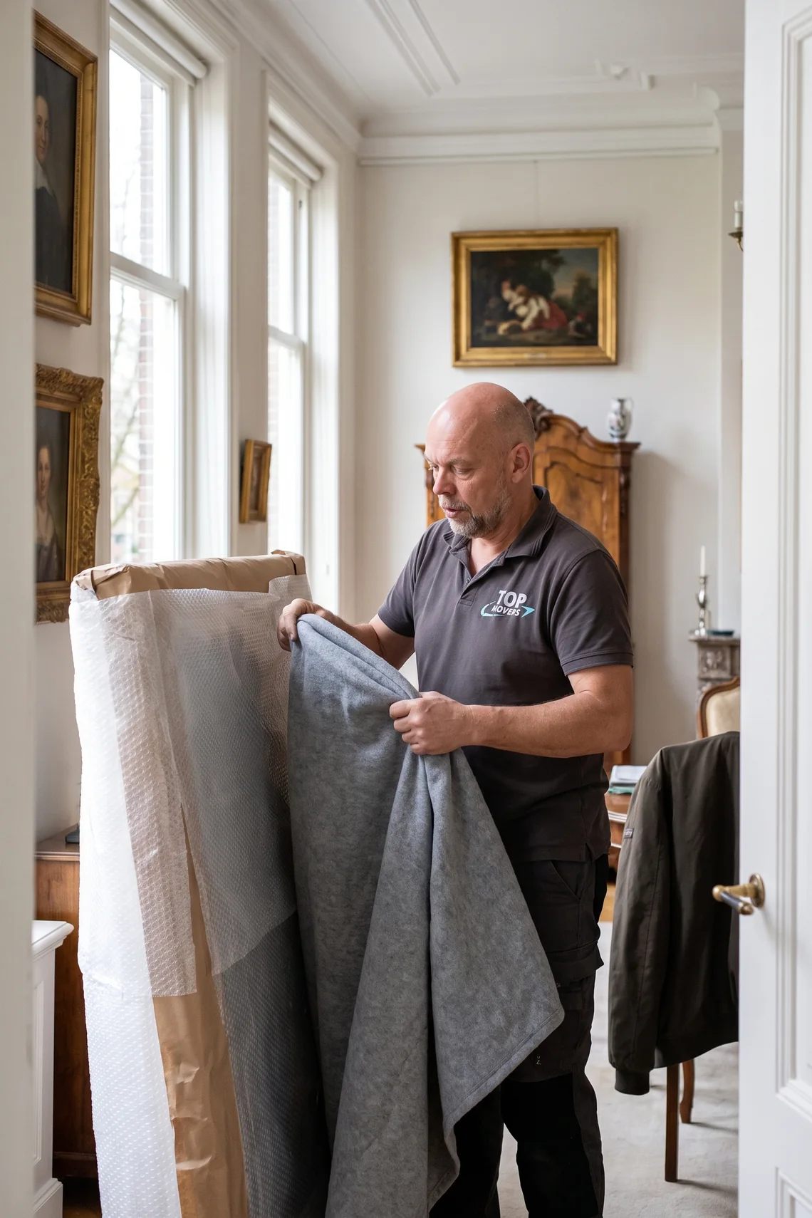 Verhuizer vouwt een deken om een volledig ingepakt schilderij