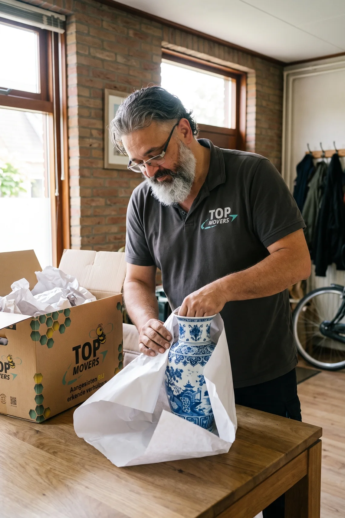 Verhuizer wikkelt een Delfts blauwe vaas in inpakpapier
