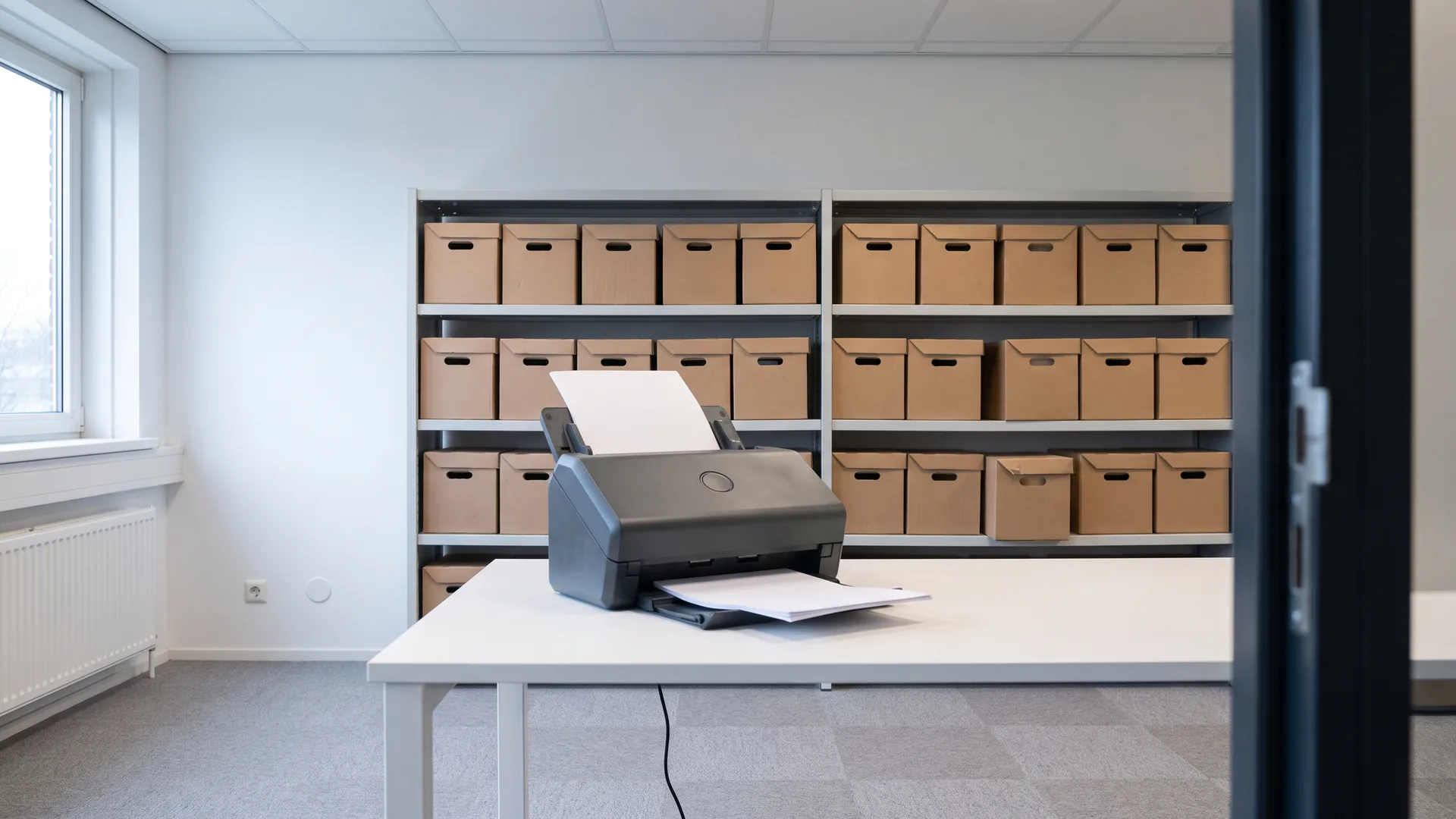 Onbedrukte archiefdozen op stellingen in een kantoorarchief, met op de voorgrond een documentscanner met blanco vellen.