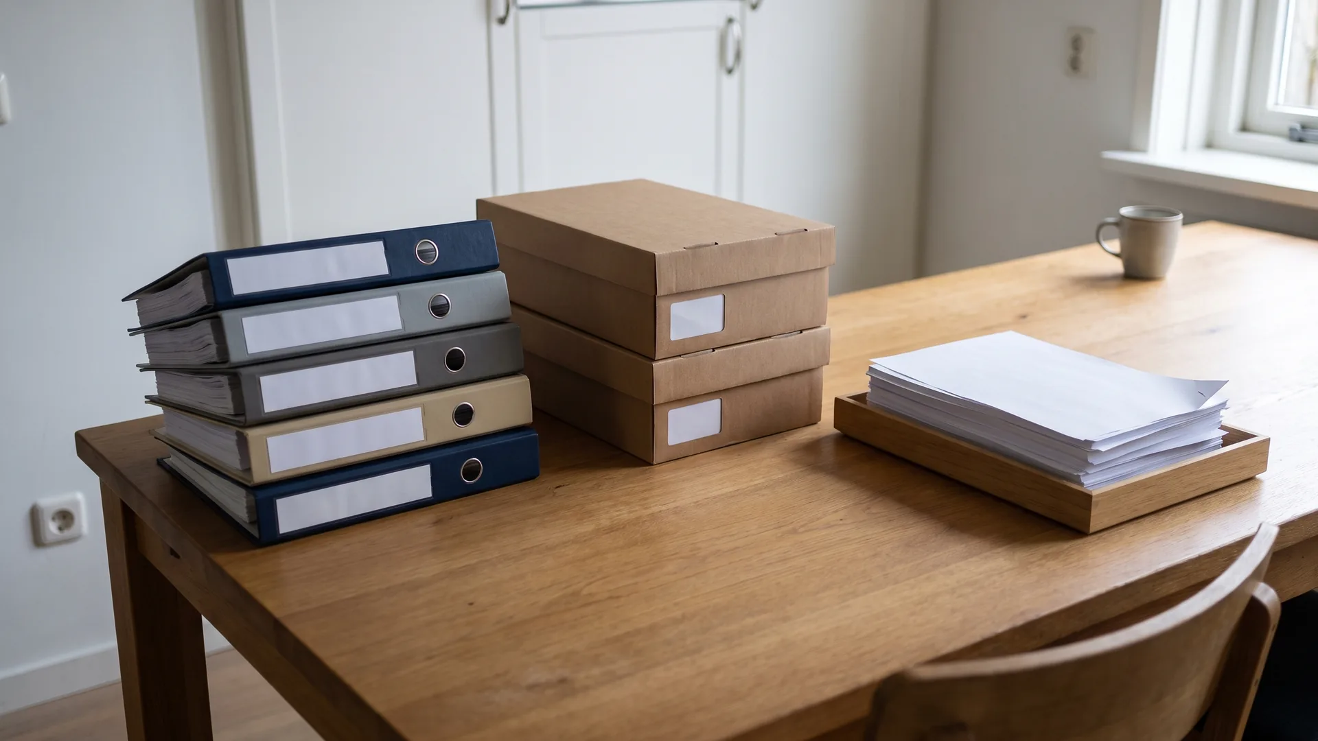 Een stapel ordners, archiefdozen met blanco etiket en een bakje losse vellen op een houten tafel bij het raam.