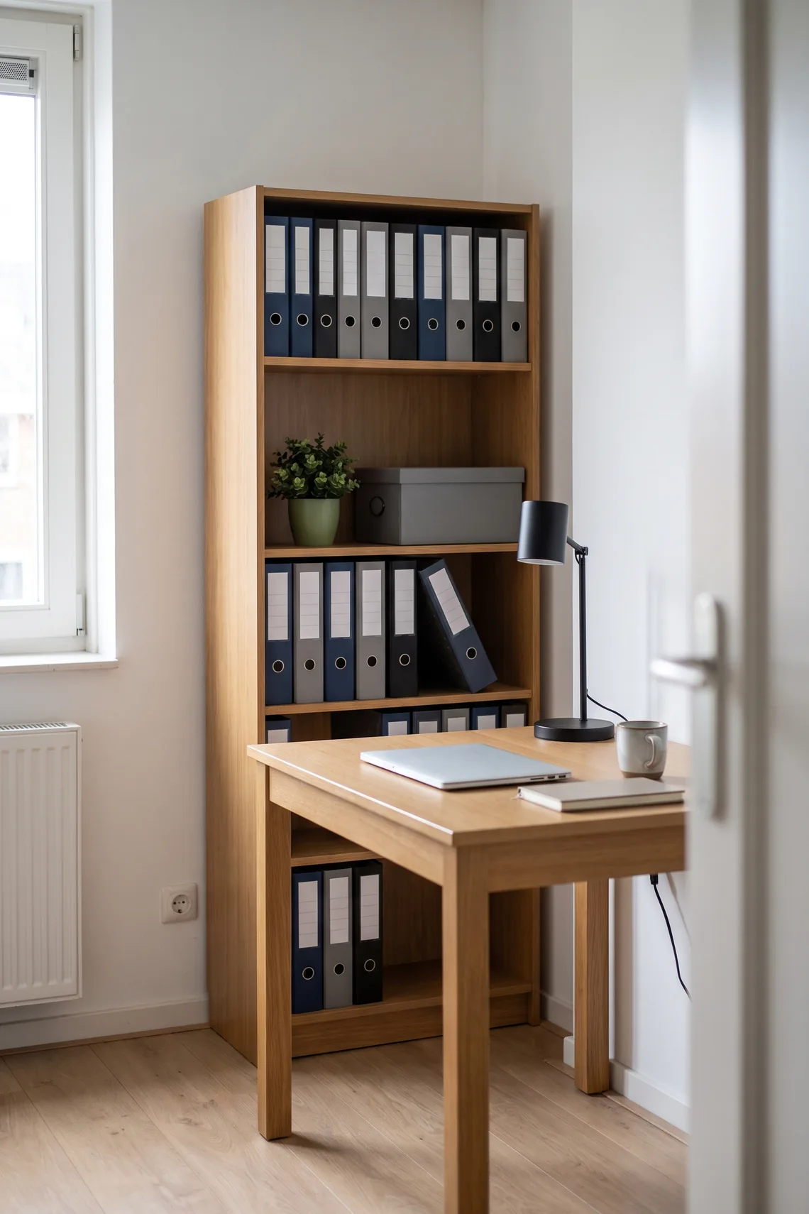 Een kast met ordners en een bureau met een dichte laptop in een thuiskantoor.