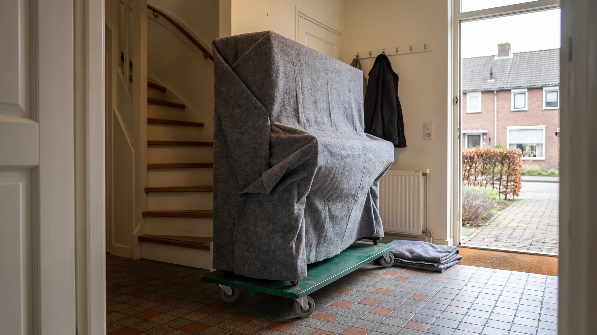 Een rechte piano in grijze verhuisdekens op een meubelhond in een woonhal.