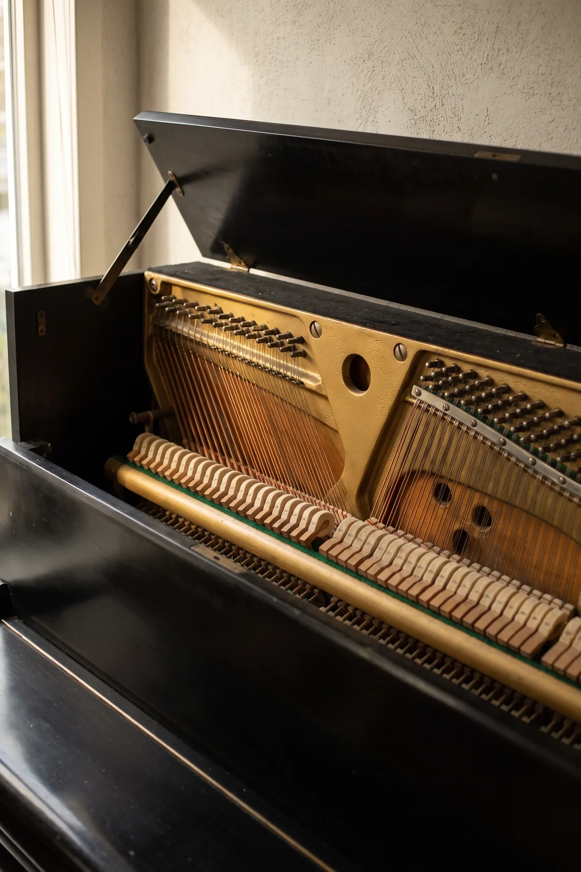 Het gietijzeren raam, de snaren en de hamers in een geopende rechte piano.