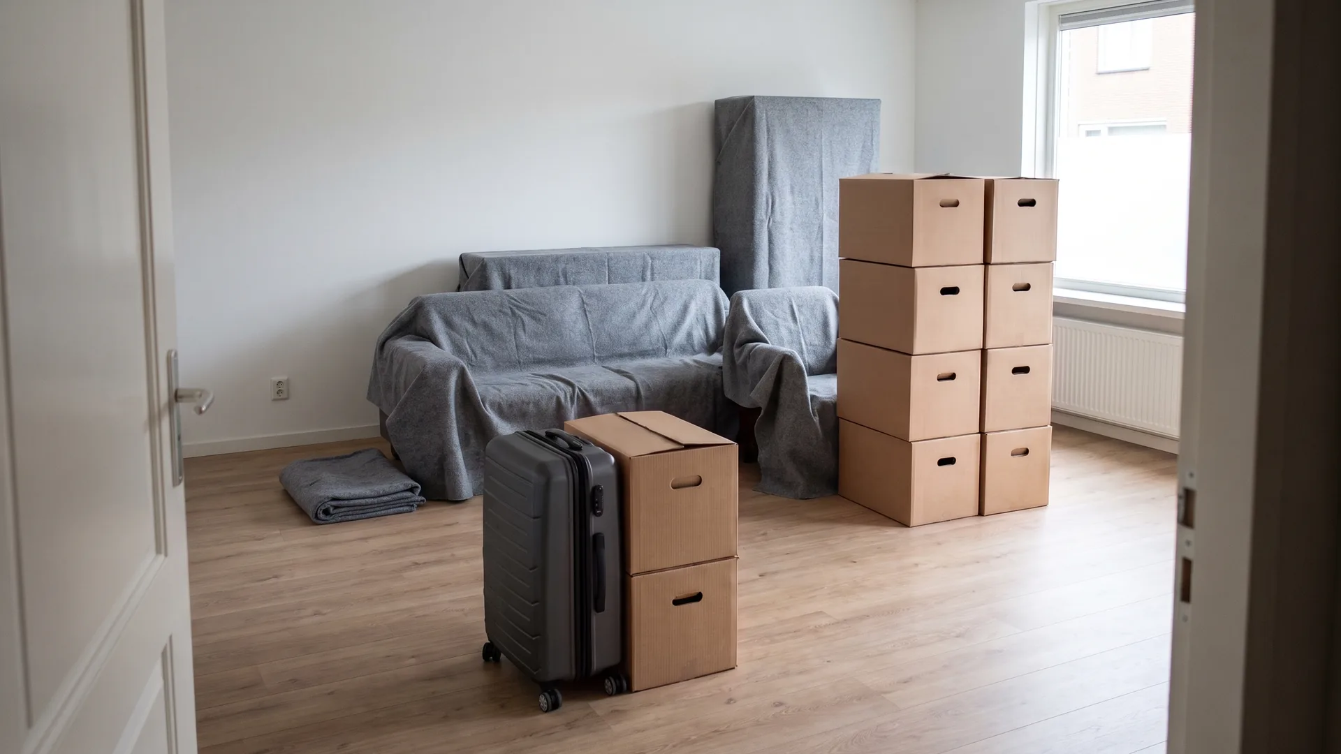 Meubels onder grijze verhuisdekens in een bijna lege woonkamer, met een koffer en verhuisdozen op de vloer.
