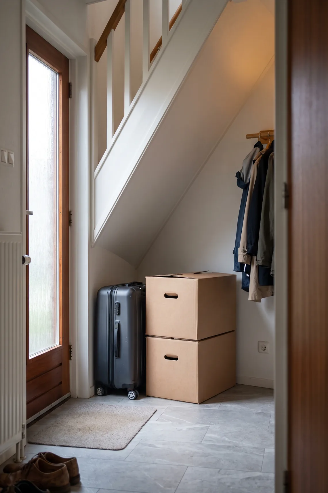 Een koffer en twee verhuisdozen onder de trap in de gang van een woning.