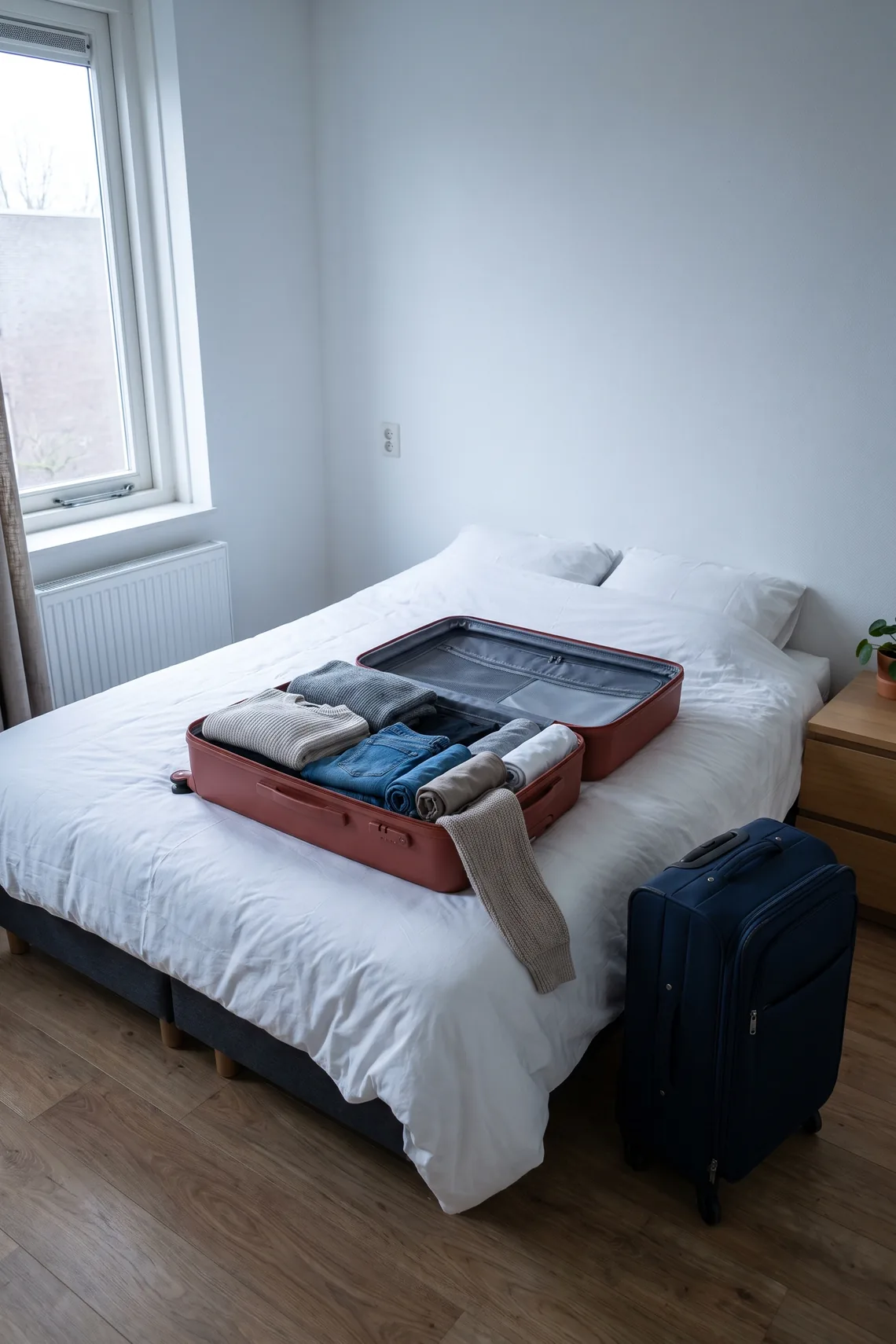 Een open koffer met opgevouwen kleding op een bed, met een tweede koffer ernaast.