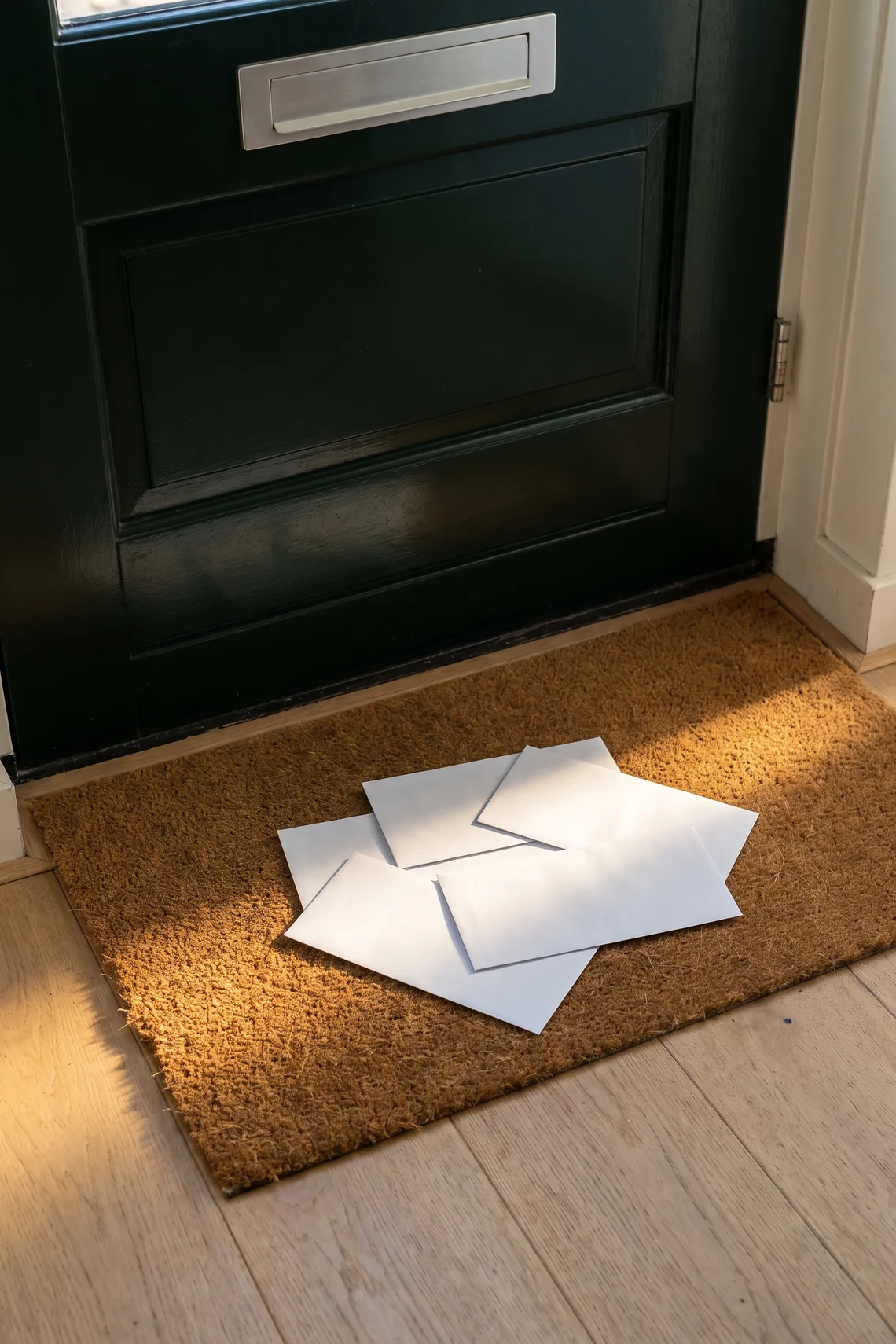 Een paar enveloppen zonder opschrift op de deurmat onder de brievenbus.