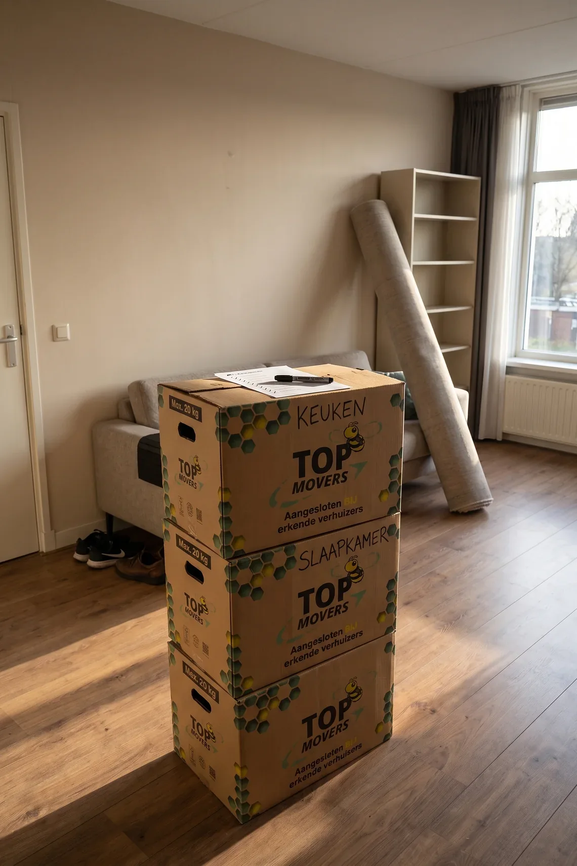 Verhuisdozen van Top Movers met KEUKEN en SLAAPKAMER erop geschreven, in een half ingepakte woonkamer