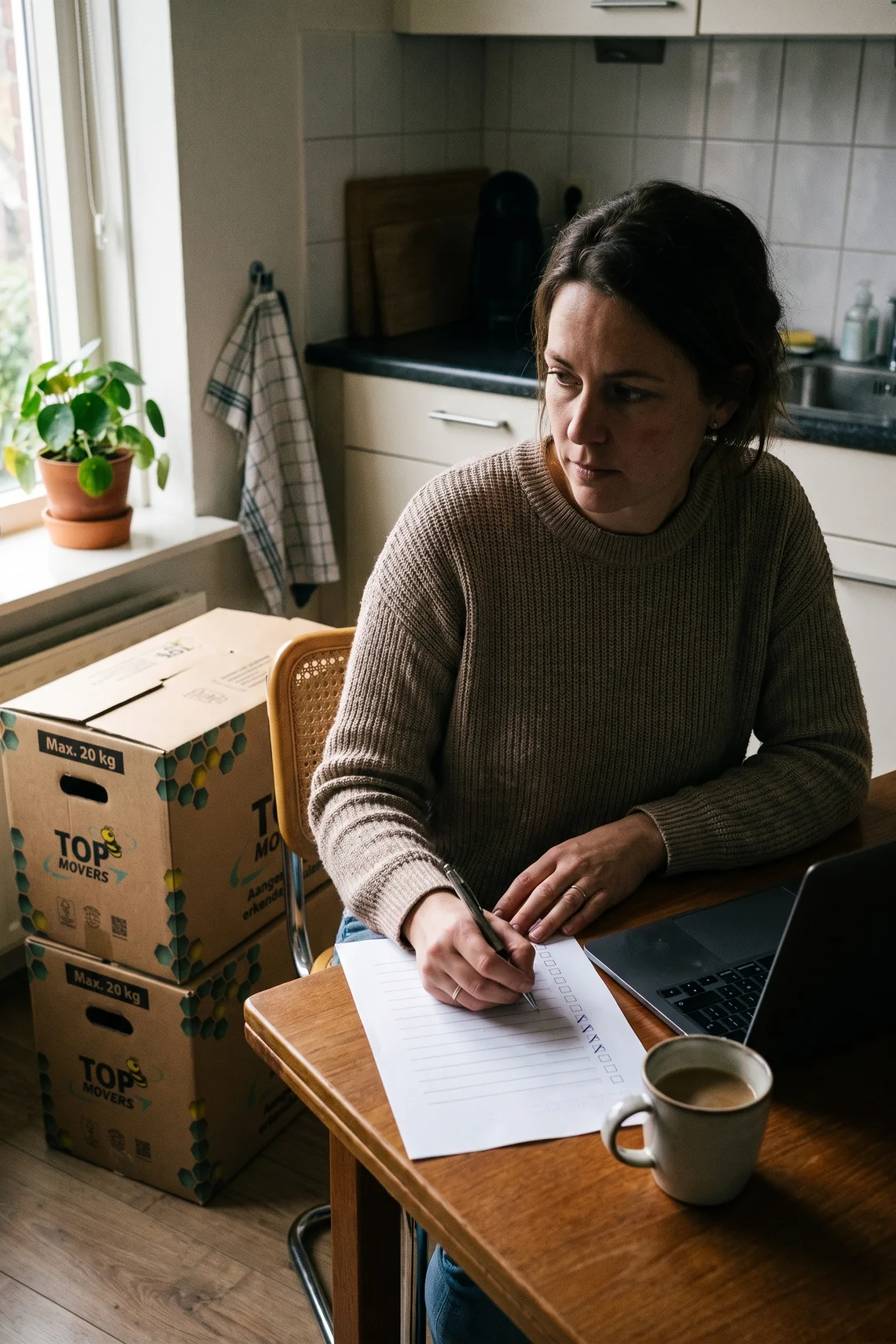 Vrouw aan de keukentafel vinkt haar verhuischecklist af, met verhuisdozen van Top Movers naast de tafel