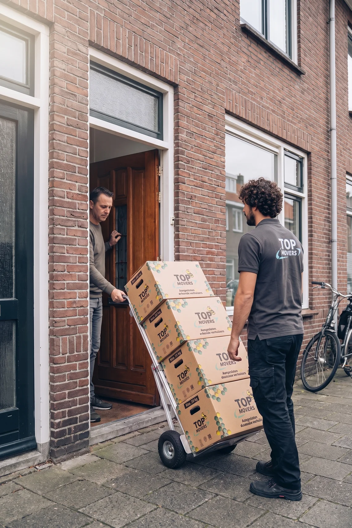 Verhuizer brengt verhuisdozen van Top Movers op een steekwagen naar de voordeur