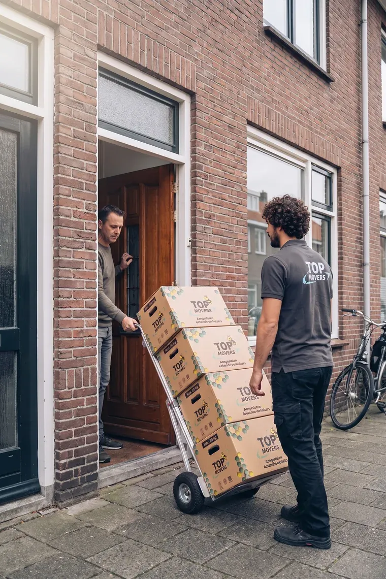 Verhuizer brengt verhuisdozen van Top Movers op een steekwagen naar de voordeur