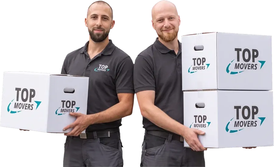 Twee verhuizers met witte Top Movers-verhuisdozen