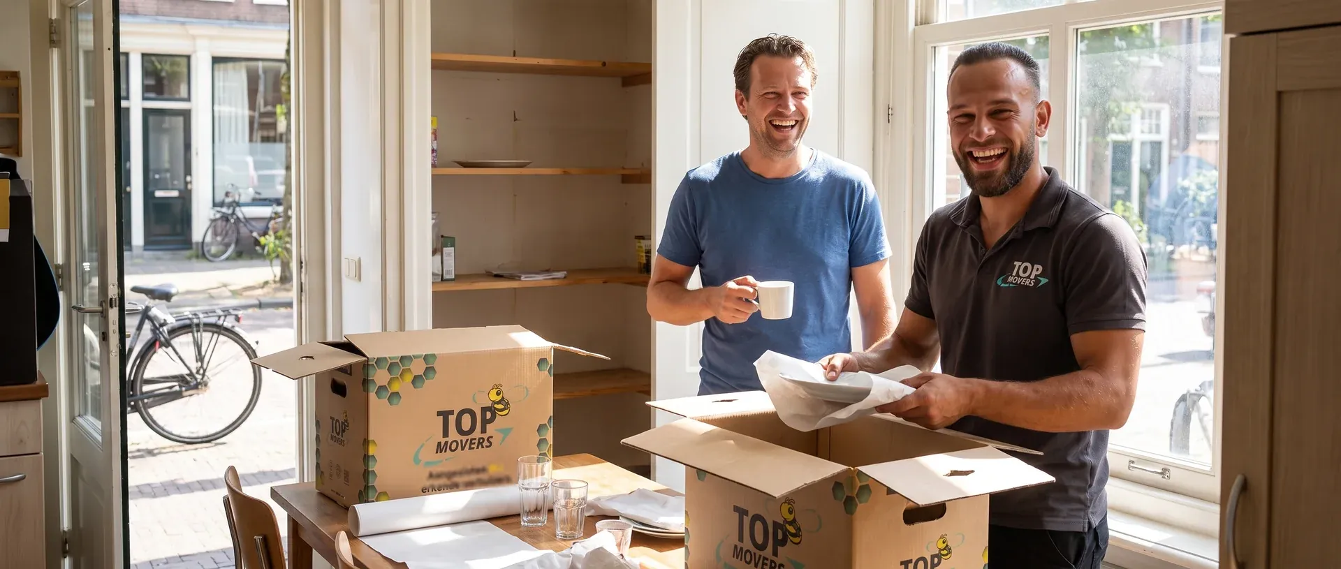 Verhuizer van De Kievit pakt lachend servies in een Top Movers-verhuisdoos in een zonnige keuken, de klant met een kop koffie ernaast