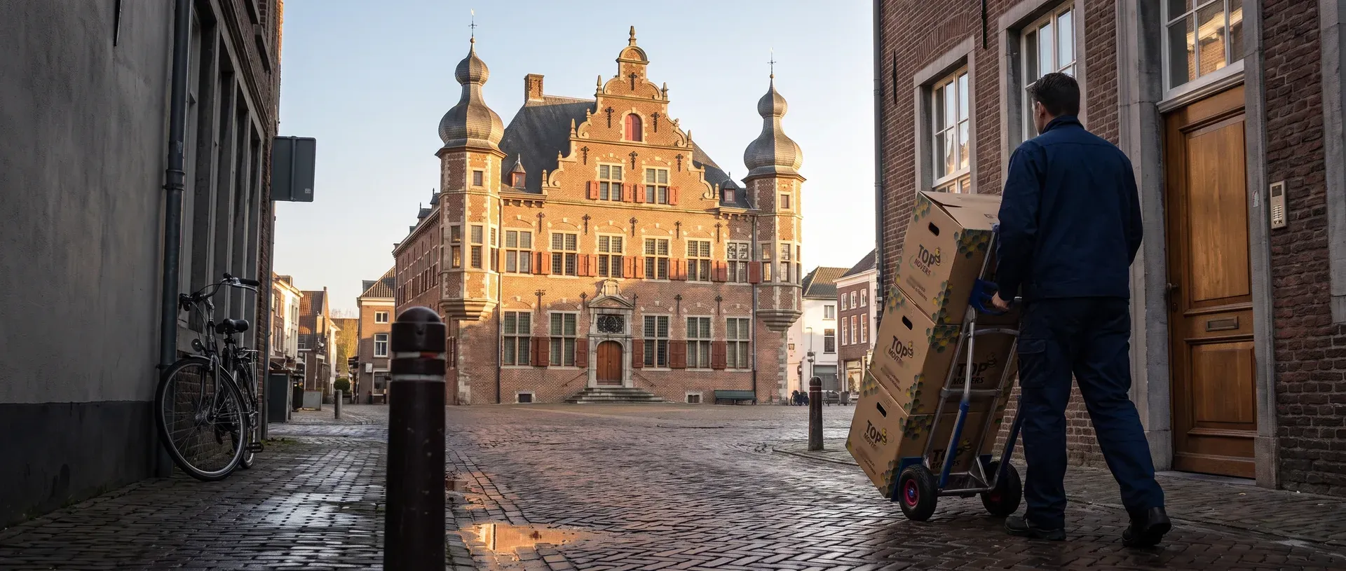Verhuizer met een steekwagen vol Top Movers-verhuisdozen in de binnenstad van Venlo, met het stadhuis op de Markt op de achtergrond