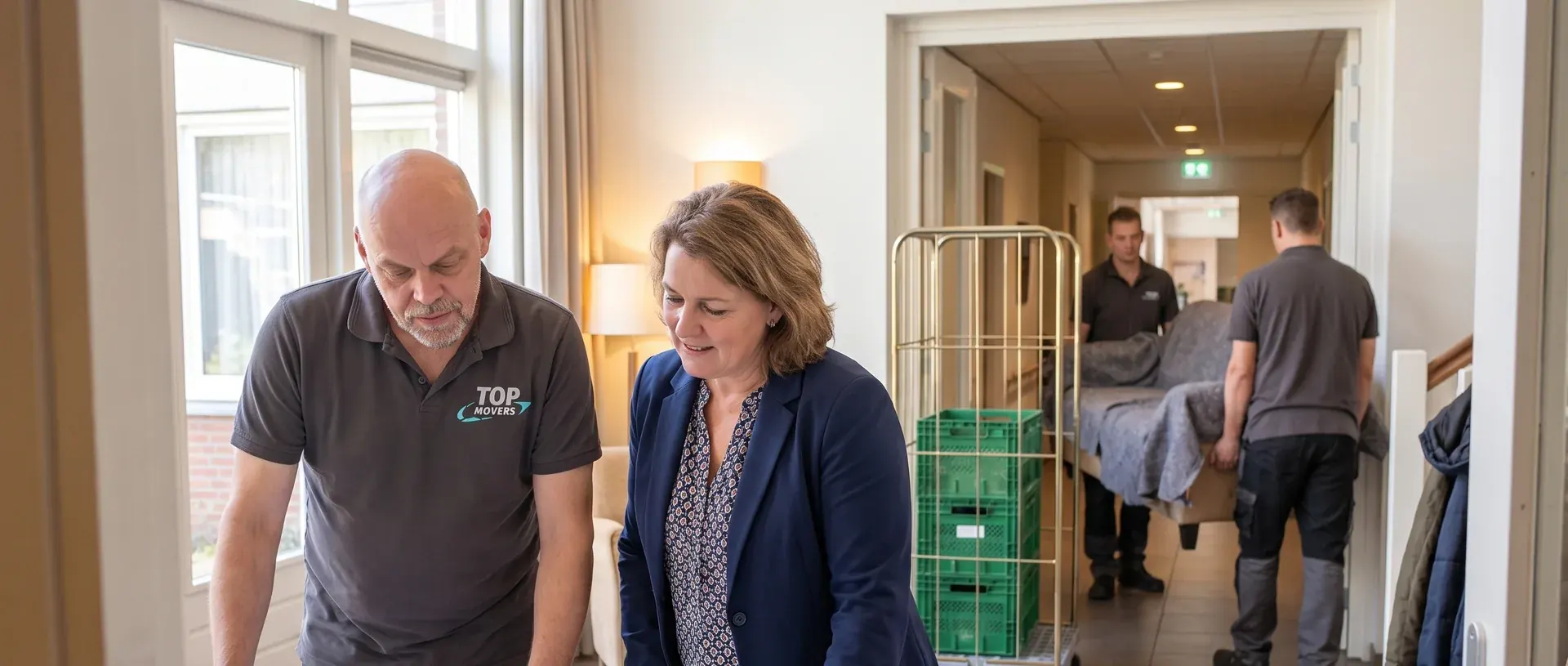 Projectleider van De Kievit neemt de plattegrond door met de facilitair manager van een zorginstelling, achter hen rijden twee verhuizers een rolcontainer door de gang