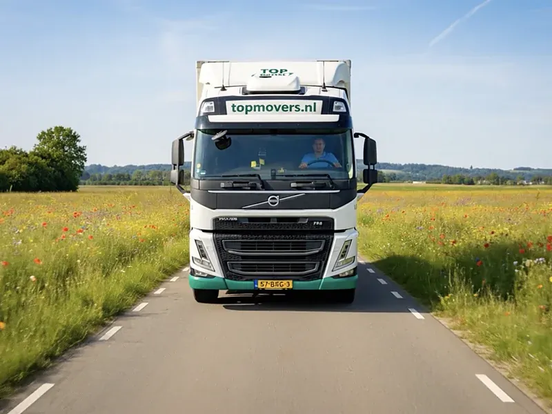 Verhuiswagen van Top Movers op een landweg
