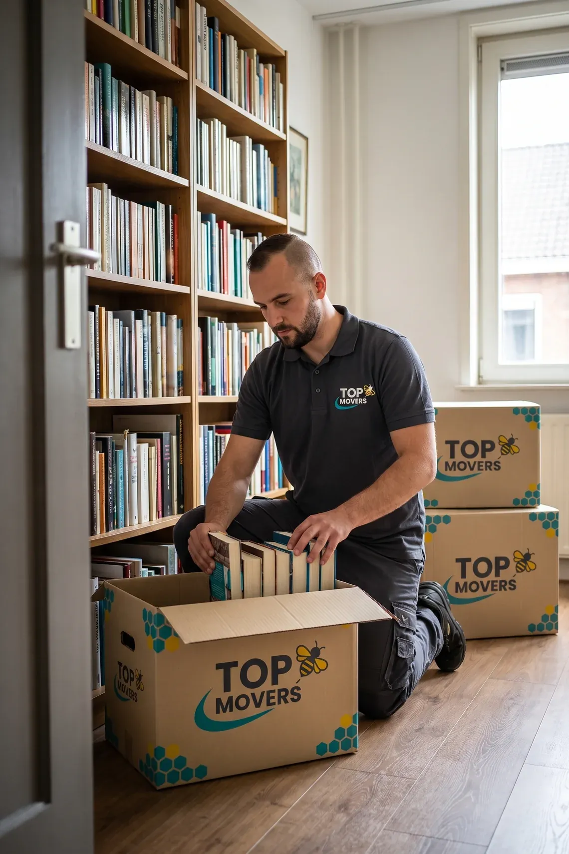 Verhuizer zet boeken rechtop in een boekendoos bij de boekenkast
