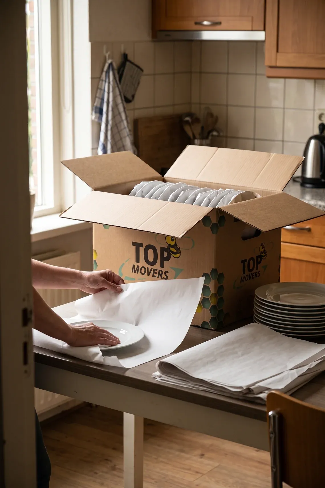 Borden worden in blanco inpakpapier gewikkeld en staan rechtop in een verhuisdoos van Top Movers