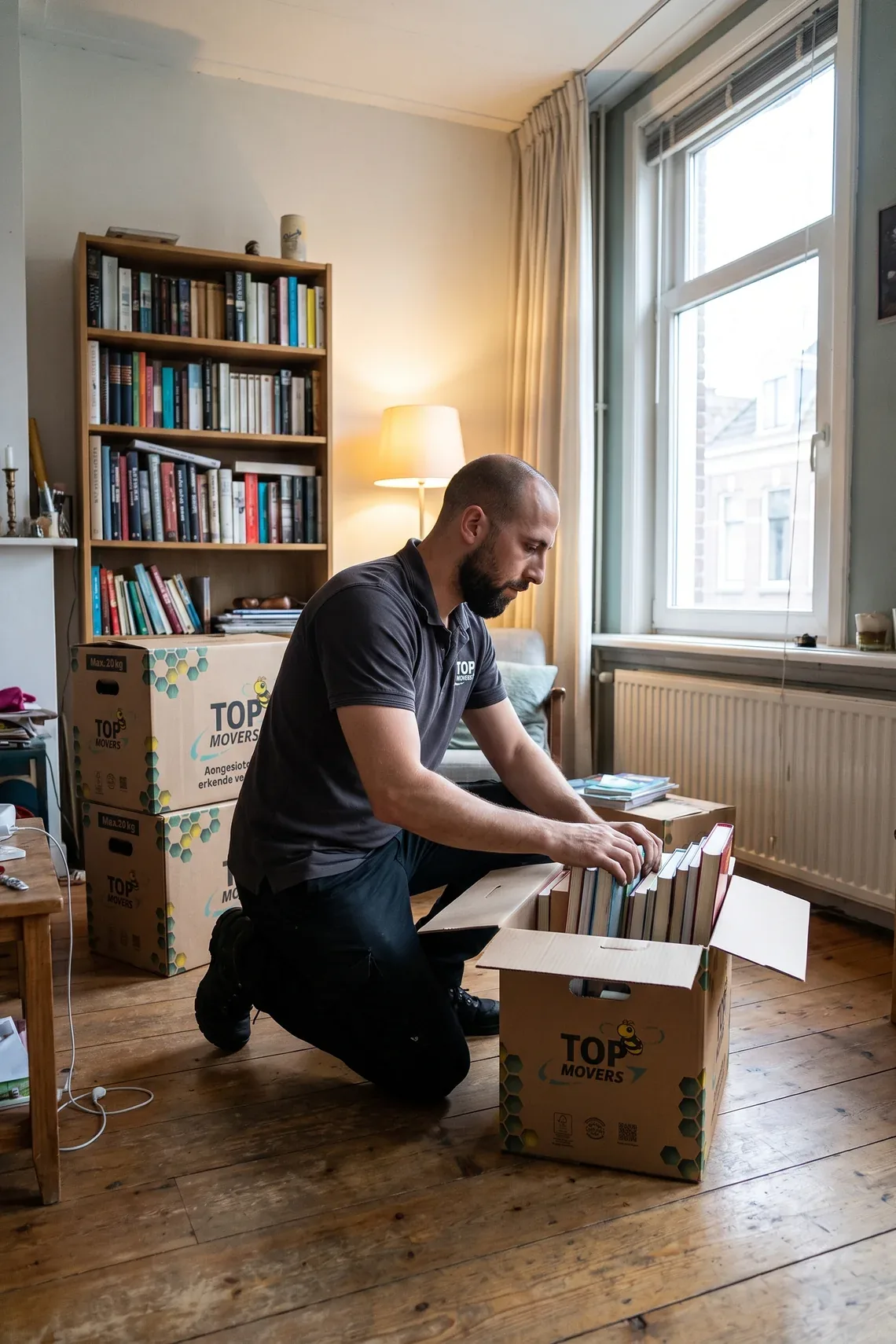 Verhuizer van De Kievit zet boeken rechtop in een boekendoos van Top Movers
