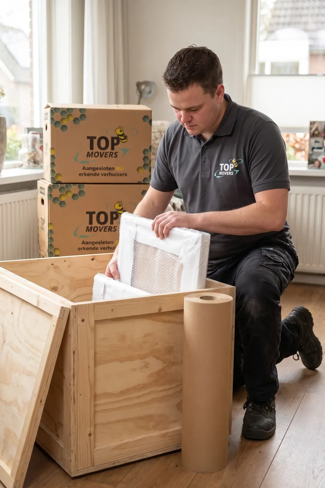 Verhuizer legt ingepakte schilderijen in een houten exportkist