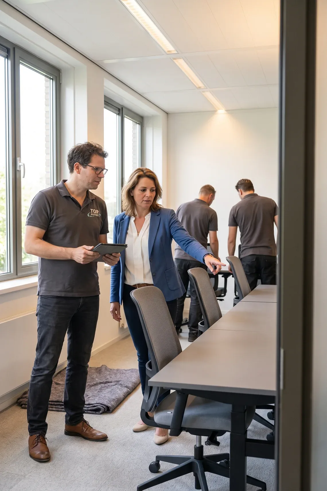 Projectleider van De Kievit loopt met de officemanager door het nieuwe kantoor