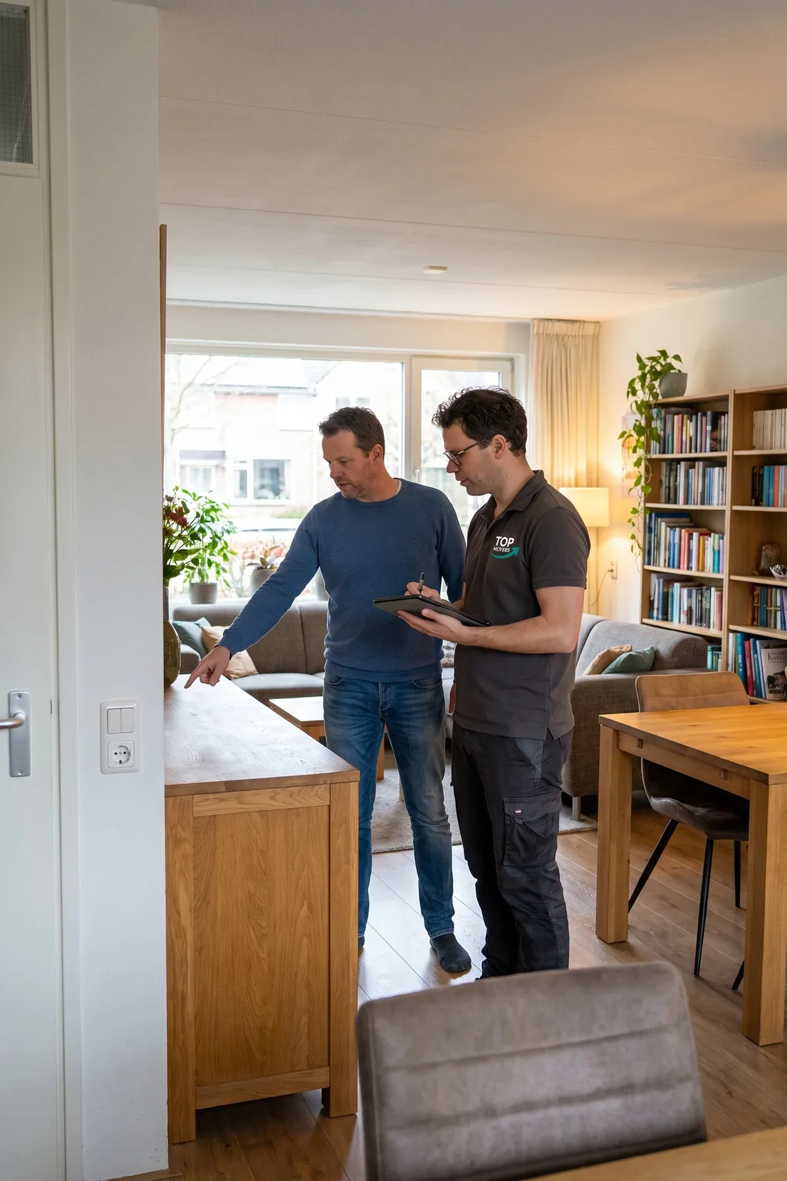 Verhuisadviseur van De Kievit neemt met een klant de inboedel in de woonkamer op