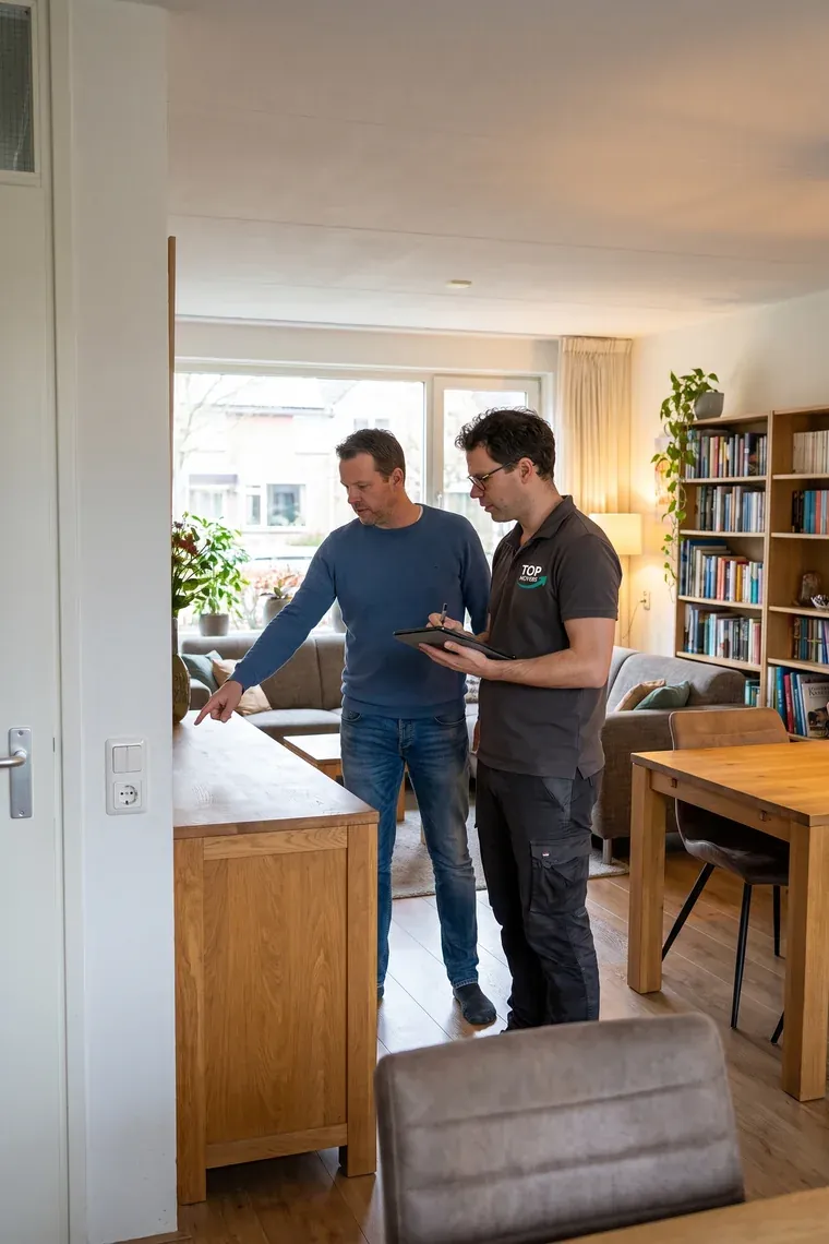 Verhuisadviseur van De Kievit neemt met een klant de inboedel in de woonkamer op