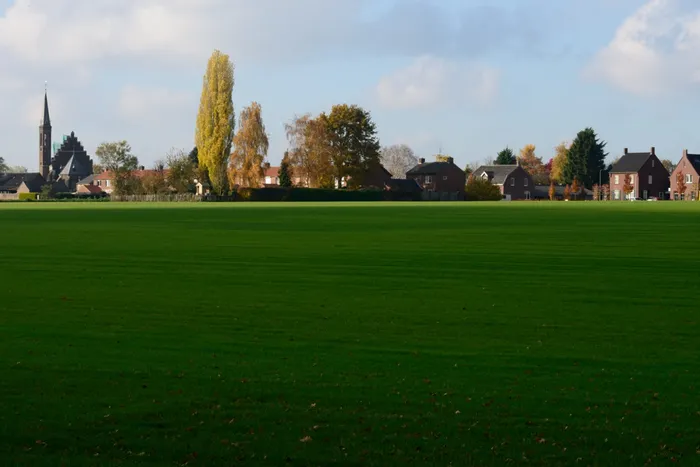 Huizen en een spitse kerktoren aan de rand van Merselo, achter een groen veld