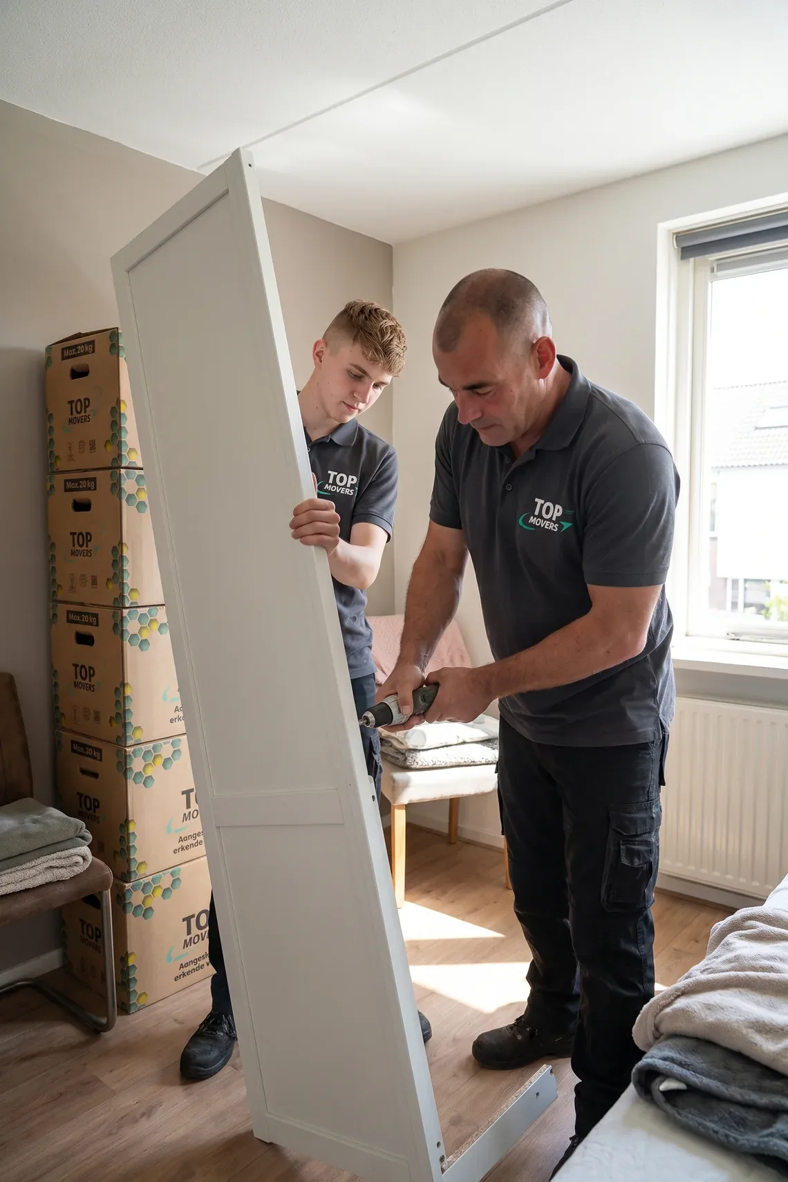 Twee verhuizers zetten een kast in elkaar in de nieuwe slaapkamer