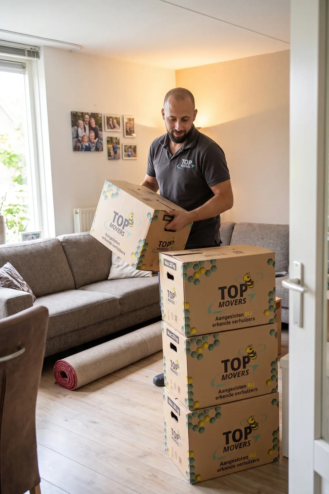 Verhuizer van De Kievit tilt een Top Movers-doos van de stapel in de woonkamer
