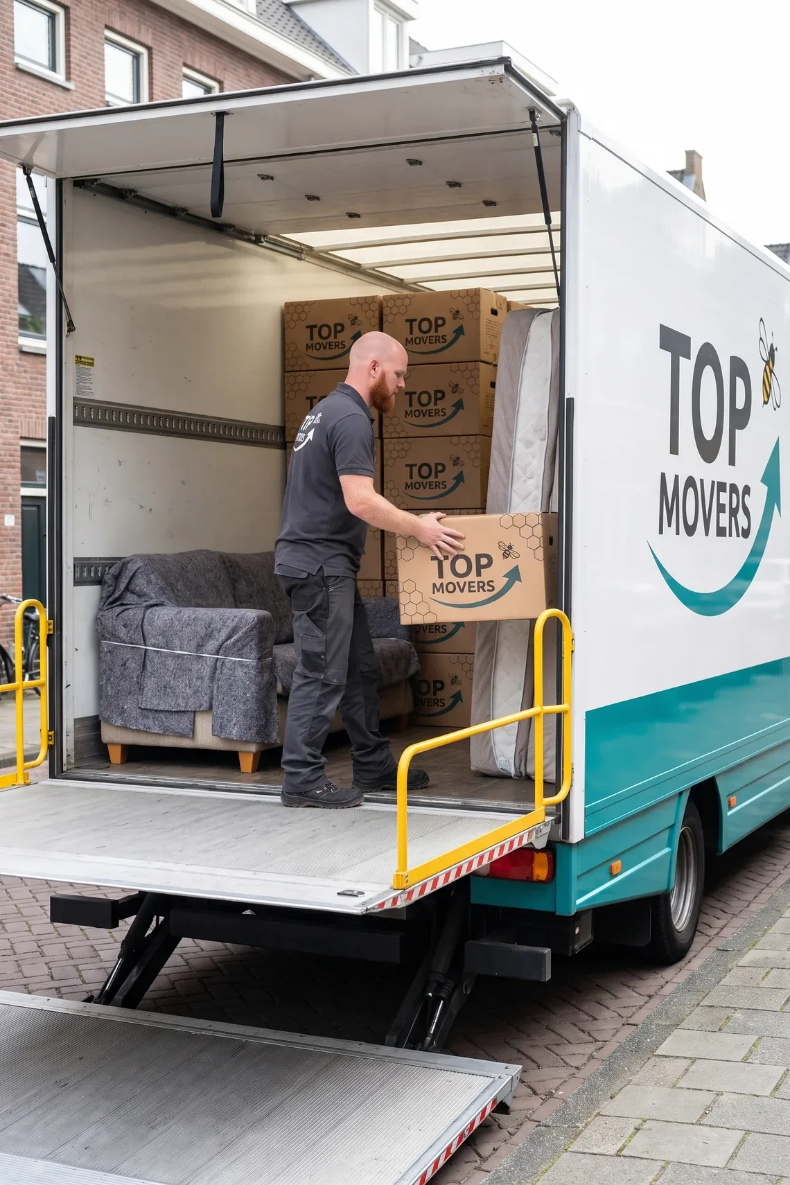 Verhuizer stapelt dozen in de laadbak, meubels eromheen in verhuisdekens
