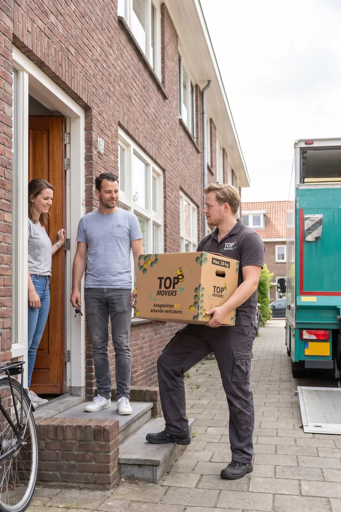Verhuizer draagt een doos naar de voordeur, het stel staat met de sleutels op de stoep