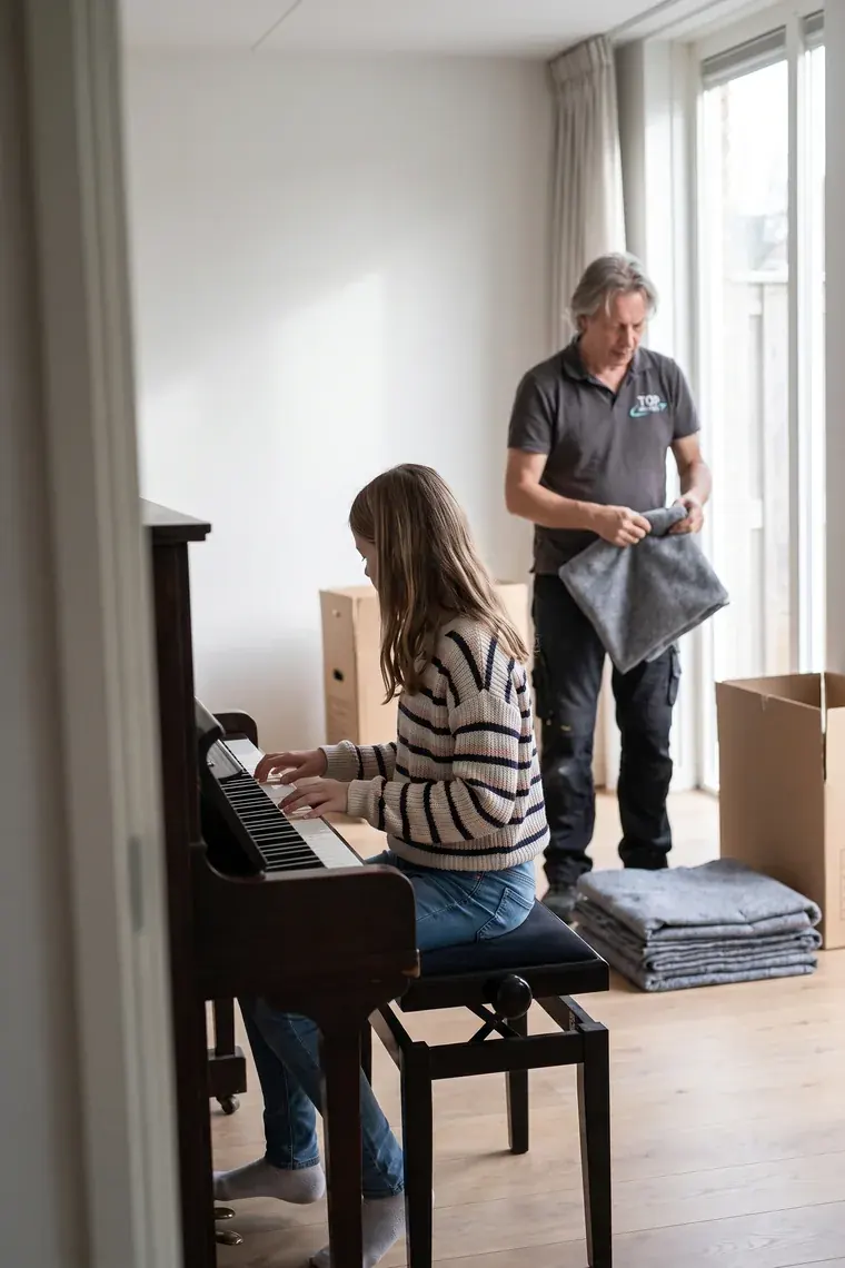 Meisje speelt de eerste noten op de piano in de nieuwe woonkamer