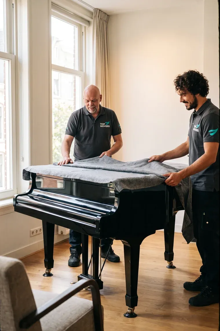 Twee verhuizers van Top Movers wikkelen een vleugel in verhuisdekens