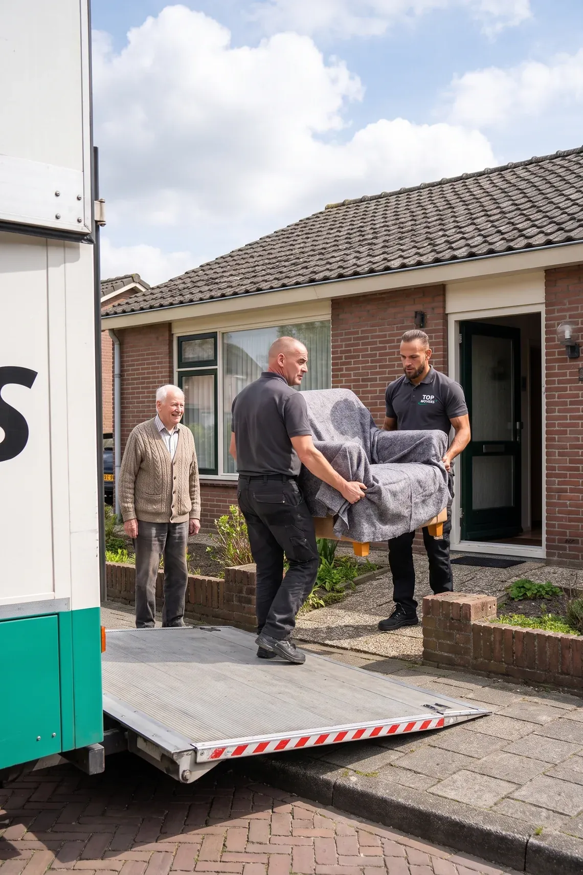 Twee verhuizers dragen een fauteuil in verhuisdekens de bungalow uit