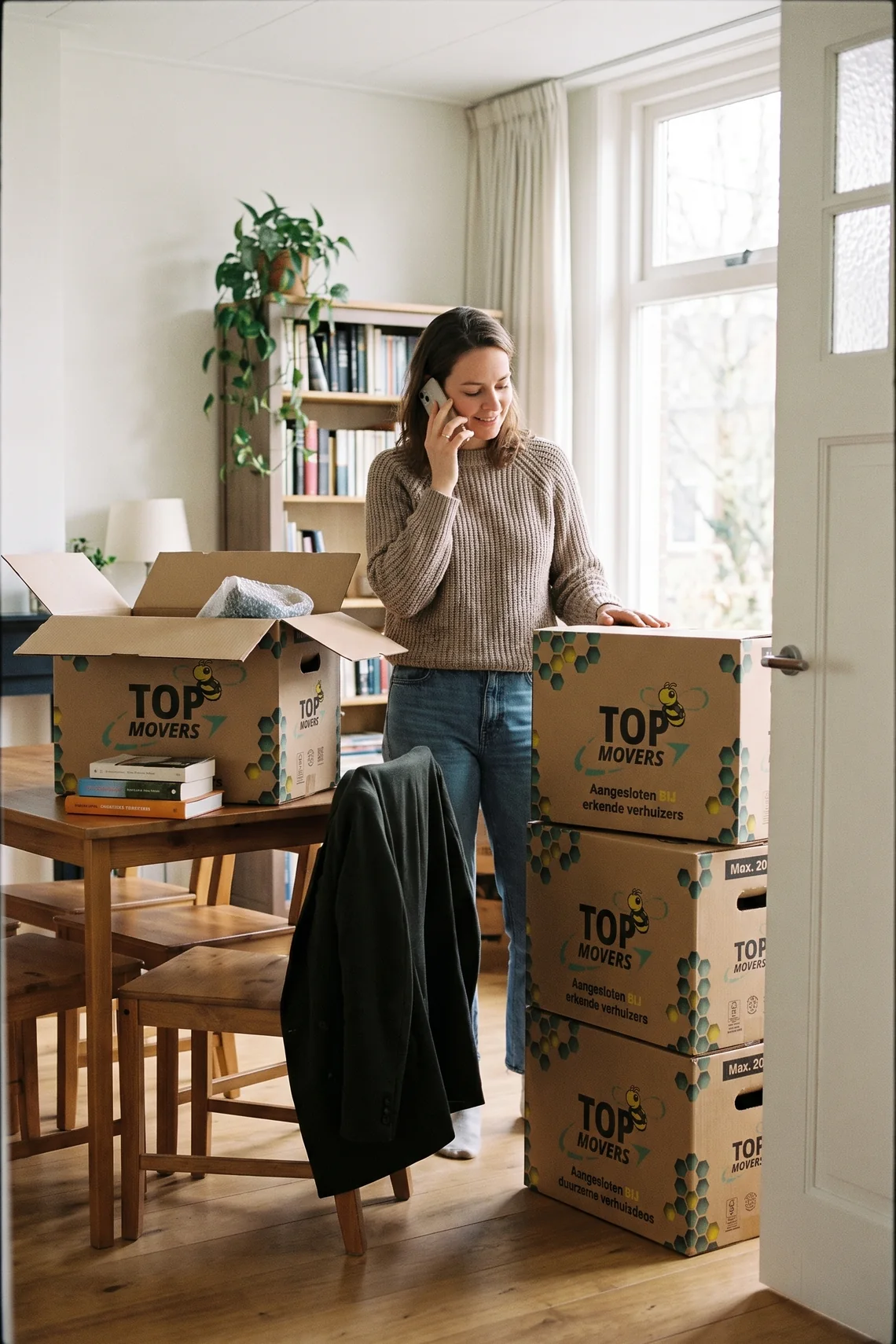 Vrouw belt in haar half ingepakte woonkamer, drie Top Movers-dozen staan klaar