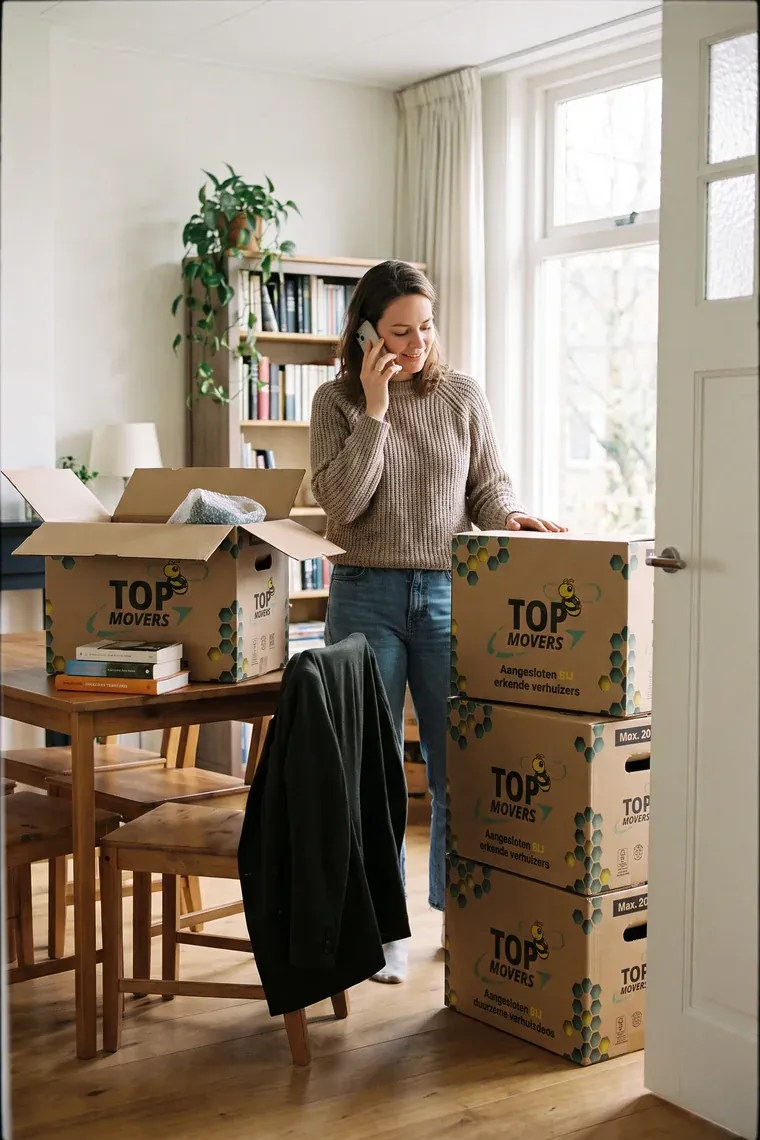 Vrouw belt in haar half ingepakte woonkamer, drie Top Movers-dozen staan klaar