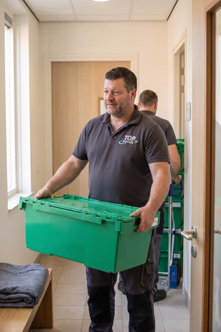 Verhuizer draagt een groene verhuiskrat door de gang van een gezondheidscentrum